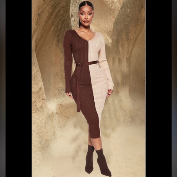 Fashion Nova Autumn Calls Colorblock Sweater Midi Dress - Chocolate/Combo. NWT - Picture 1 of 7